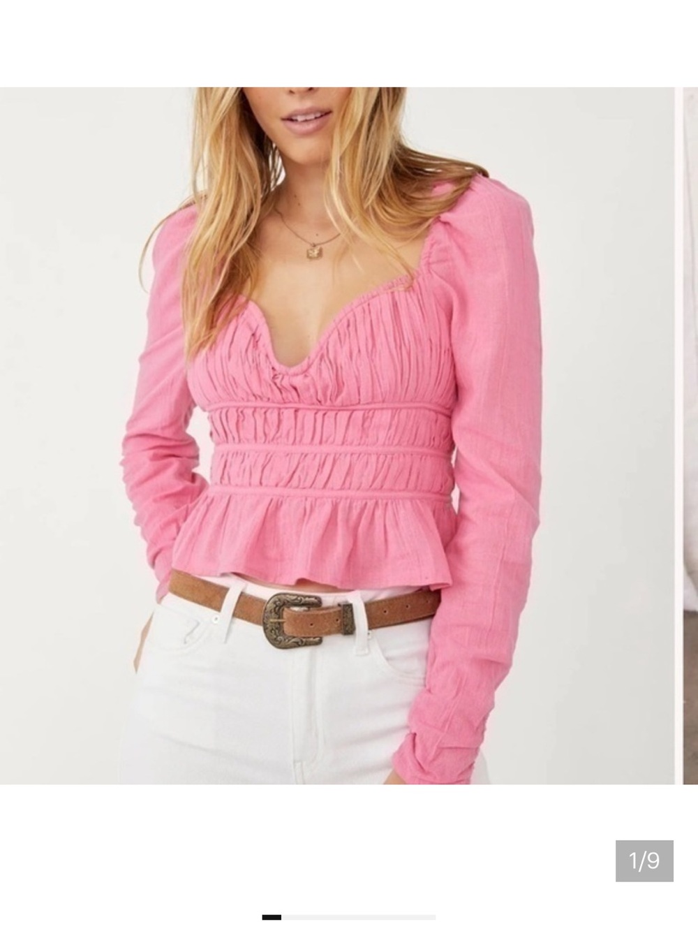 Free People Chloe Top in pink, featuring a smocked bodice and long sleeves
